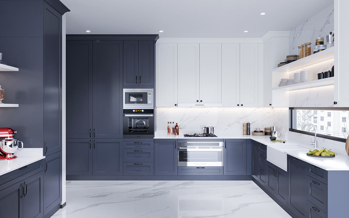 Low price kitchen cabinet design in a modern two-tone kitchen with dark navy base cabinets, white upper cabinets, and a marble-look backsplash.