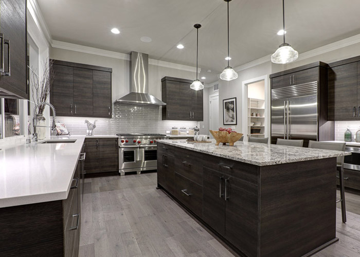 Kitchen suppliers showcase a modern kitchen with dark wood cabinets, a large granite island, stainless steel appliances, and pendant lighting.