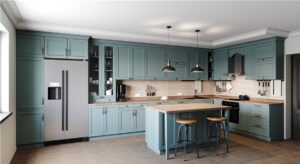 Modern blue-green shaker kitchen cabinets with island, supplied by a professional kitchen cabinet supplier in Canada