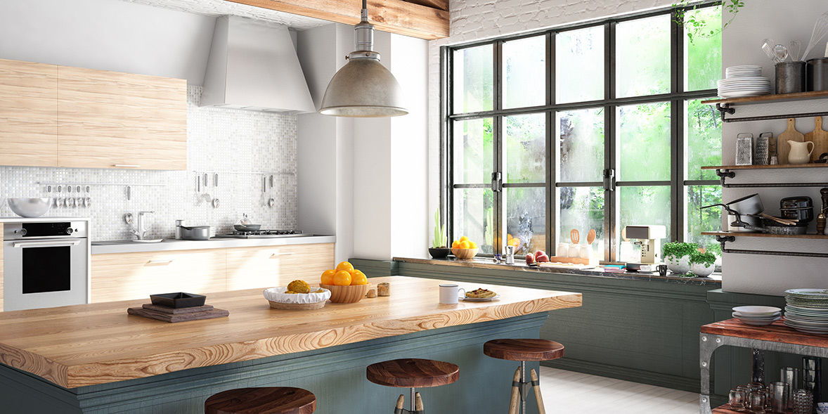 Modern airy kitchen with wood cabinetry, large island, black-framed windows, and open shelving from trusted kitchen suppliers.