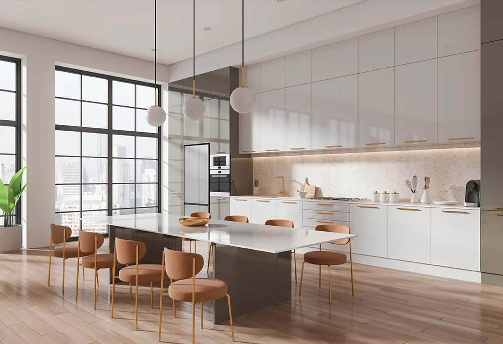 Modern Kitchen cabinet Mississauga design with sleek white flat-panel cabinetry, brass pulls, large island seating, and pendant lights.