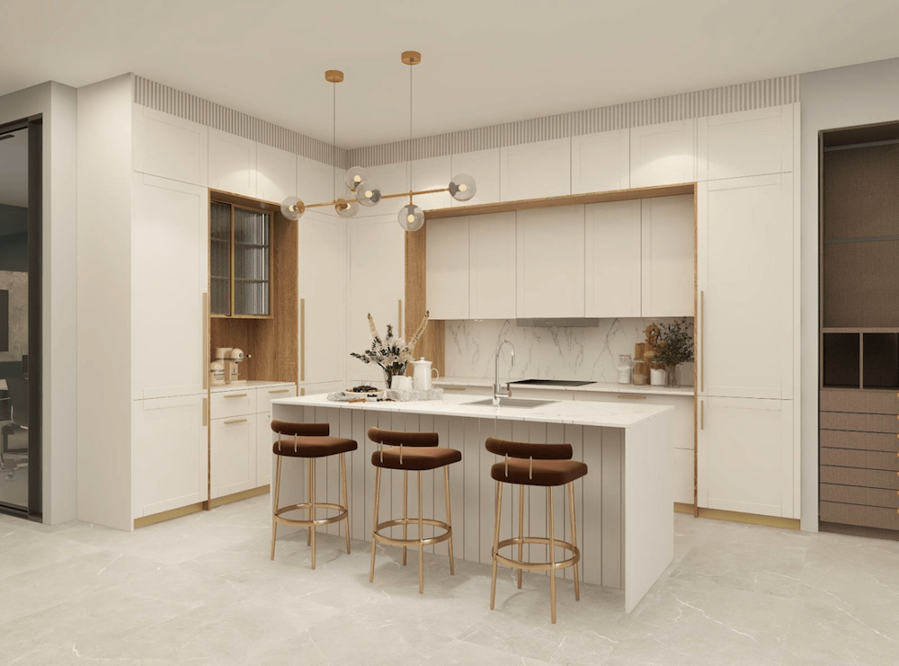 Premade kitchen cabinet design in a bright modern white kitchen with warm wood accents, large waterfall island, and three bar stools.