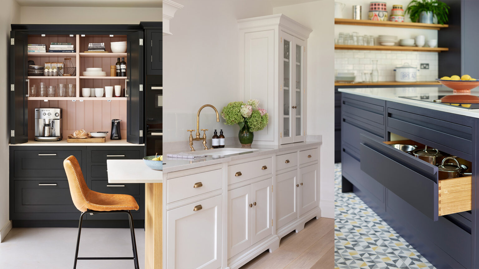 Low price kitchen cabinet styles: black pantry coffee station, white shaker sink base, and navy deep-drawer storage.