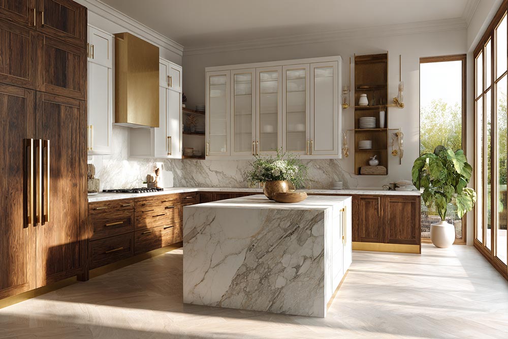 Modern flat pack kitchen cabinet design featuring warm wood base cabinets, white shaker uppers, a marble waterfall island, and gold hardware in a bright, elegant kitchen space.