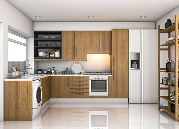 Modern wood-finish kitchen cabinets with integrated appliances by a professional kitchen cabinet supplier