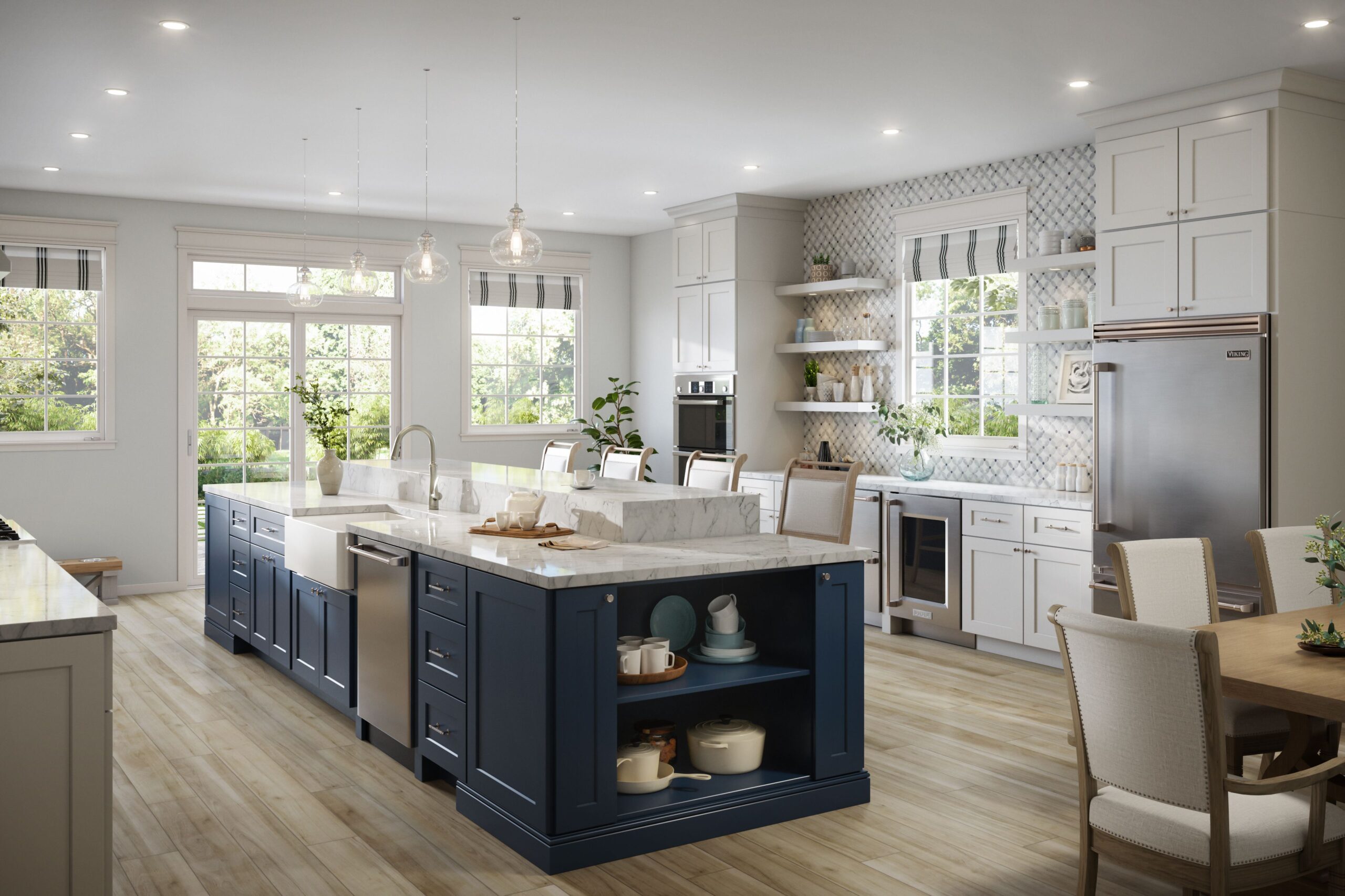 Bright modern kitchen with white shaker cabinets, navy blue island, marble countertops, and stainless appliances—premium design inspiration from KITCHEN SUPPLIERS.