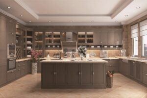 Luxury shaker-style kitchen cabinet Mississauga design featuring a large island, full-height cabinets, crown molding, and warm neutral finishes.