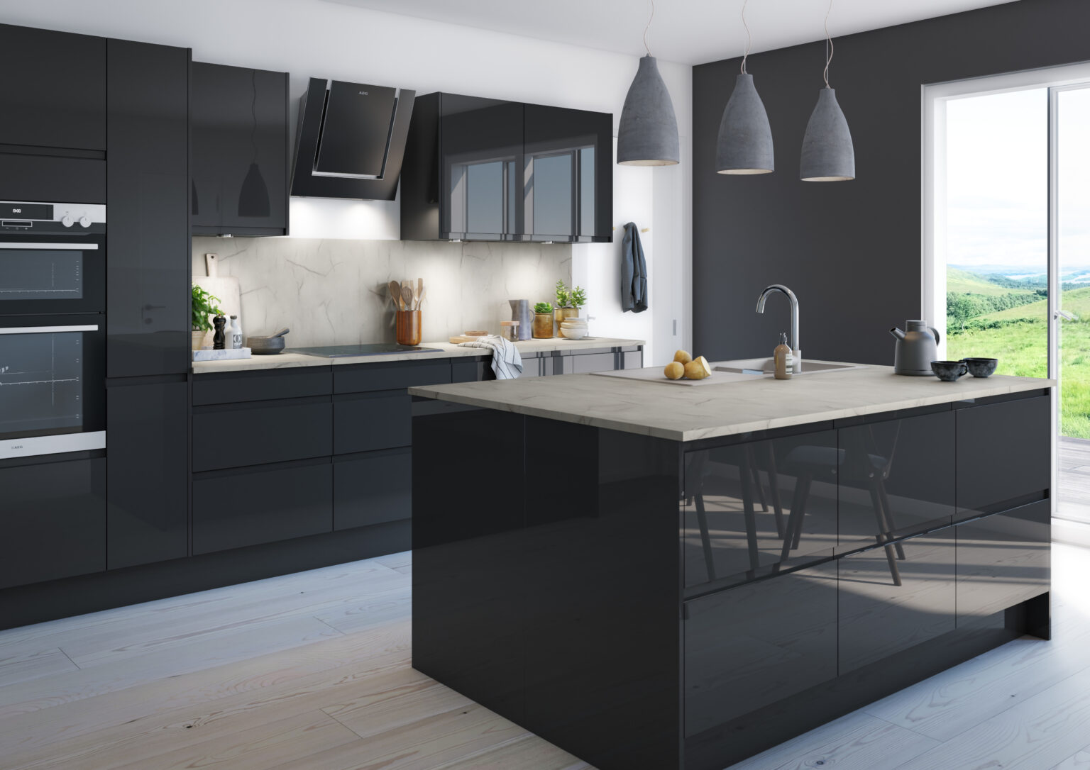 Modern black kitchen with glossy cabinets and island, showcasing premium design from a professional kitchen cabinet supplier