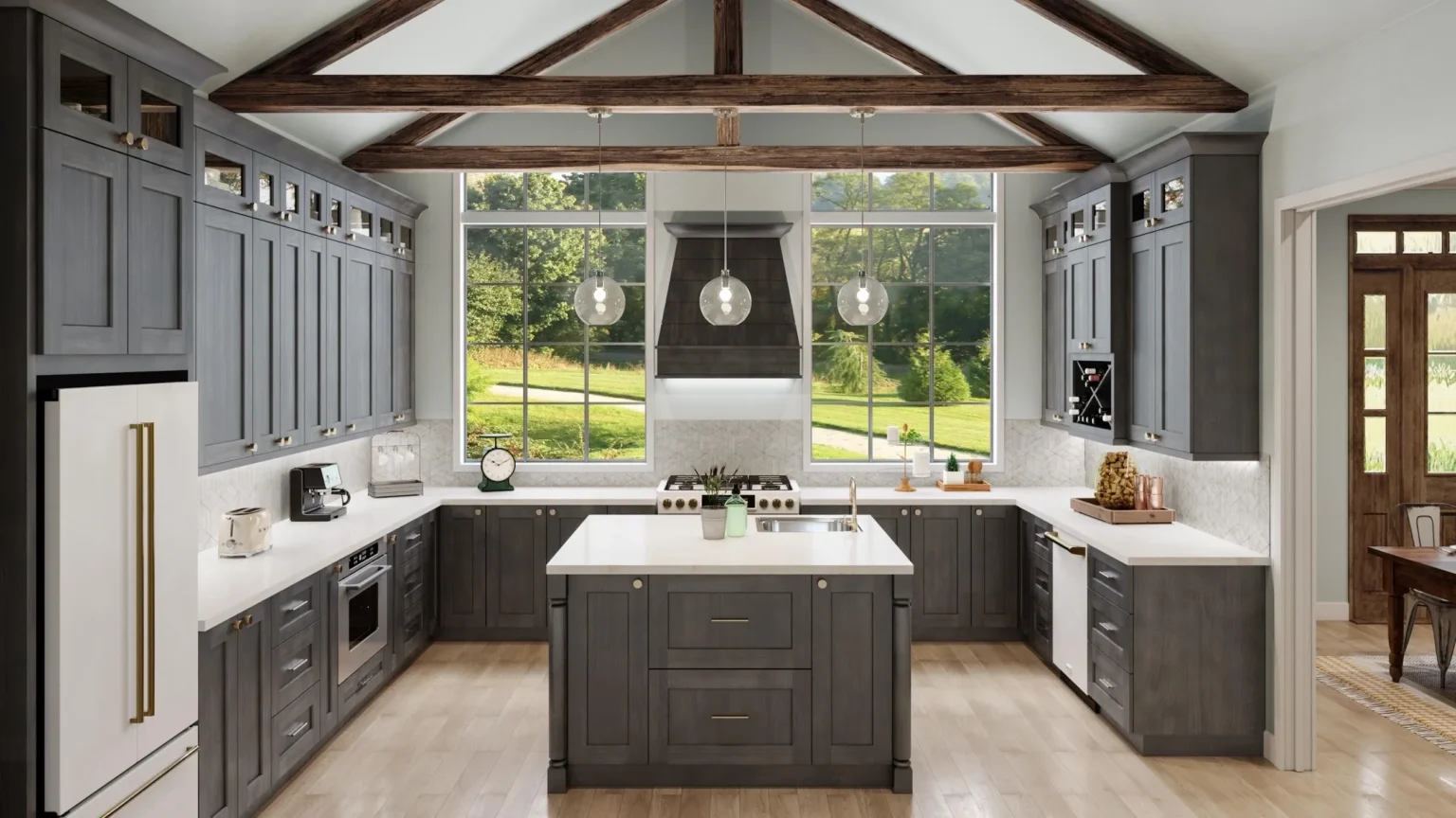 Modern farmhouse kitchen with gray premade kitchen cabinets, large center island, white quartz countertops, and exposed wooden ceiling beams.
