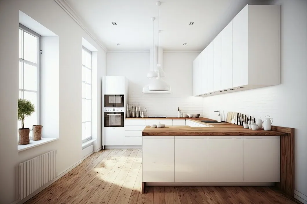 Modern flat pack kitchen cabinet design with white minimalist cabinetry, wood countertops, and a functional island in a bright contemporary home