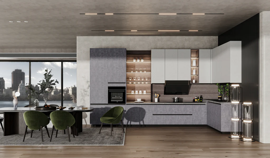 Modern minimalist kitchen with grey base cabinets, white upper cabinets, open wood shelving, and linear ceiling lights—showcasing premium finishes from trusted kitchen suppliers.