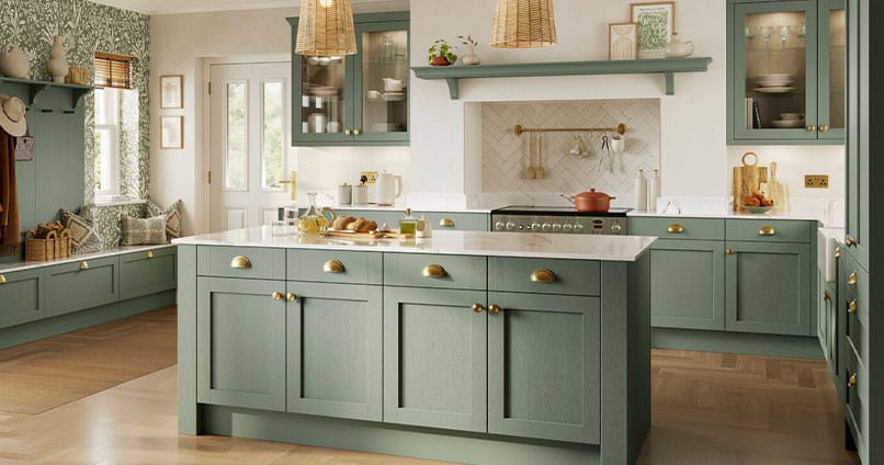 Modern farmhouse kitchen with sage-green shaker cabinets, brass hardware, and a large island—premium design inspiration from Kitchen suppliers.