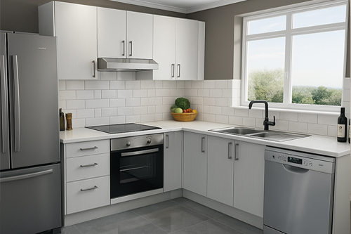 Modern L-shaped kitchen with white and light-grey Flat pack kitchen cabinet units, subway tile backsplash, stainless appliances, and a large window.