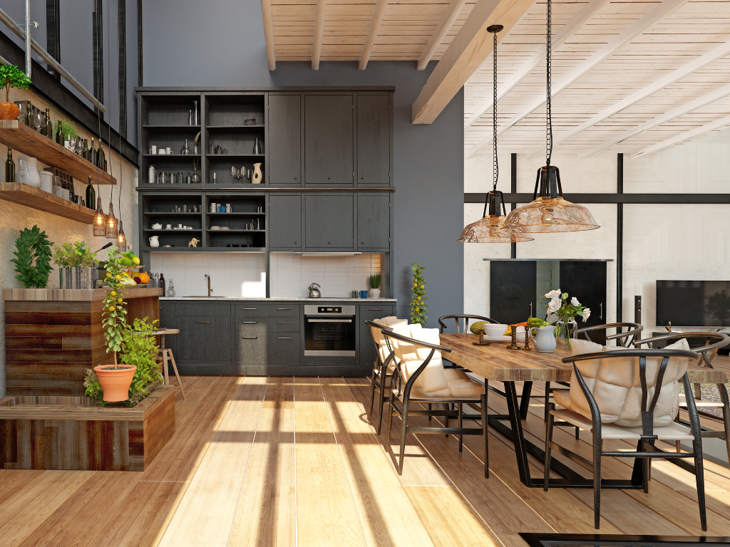 Modern open-concept kitchen featuring dark grey flat pack kitchen cabinets, open shelving, wooden floors, and a natural wood dining table with pendant lighting.