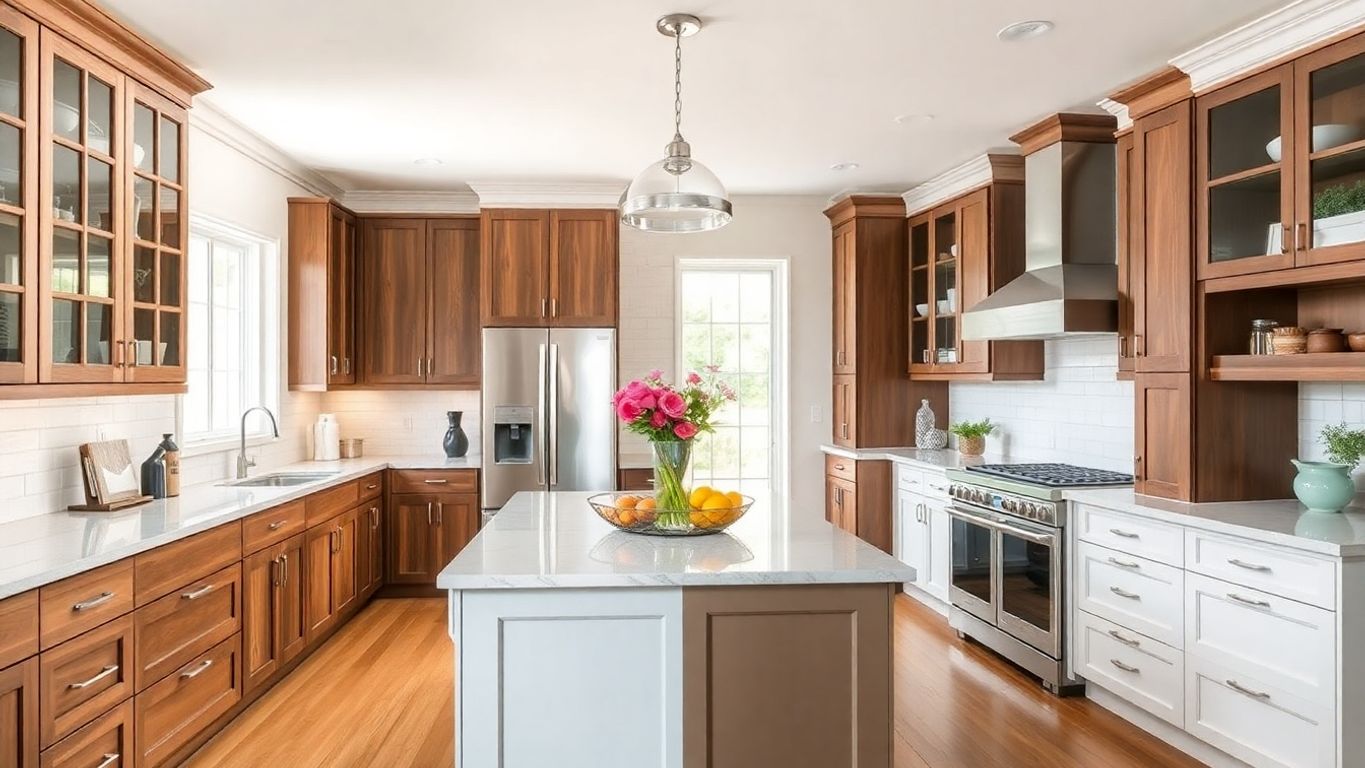 Premade kitchen cabinet setup in a bright modern kitchen with warm wood cabinets, white island, quartz counters, and stainless appliances.