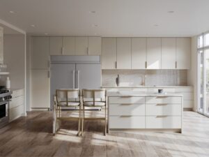 Modern minimalist kitchen with premium RTA kitchen cabinets Ontario, flat-panel cream cabinetry, large island drawers, and brass pulls