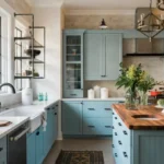 Premade kitchen cabinet set in a bright kitchen with blue shaker fronts, white countertops, black faucet, and a wood-top island.