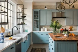 Premade kitchen cabinet set in a bright kitchen with blue shaker fronts, white countertops, black faucet, and a wood-top island.
