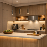 Modern kitchen with wood-grain and matte cabinets, under-cabinet lighting, and a large island—premium upgrade from a kitchen cabinet supplier.