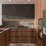 Modern minimalist kitchen with RTA kitchen cabinets, matte black uppers and walnut base drawers