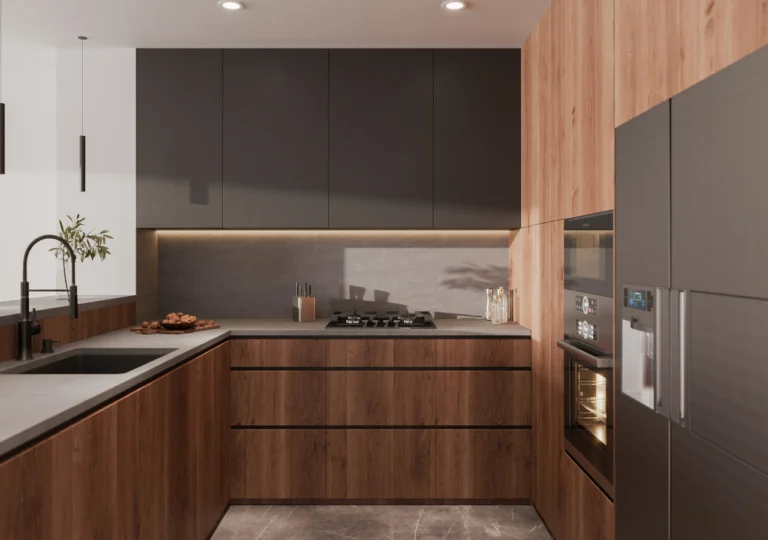 Modern minimalist kitchen with RTA kitchen cabinets, matte black uppers and walnut base drawers