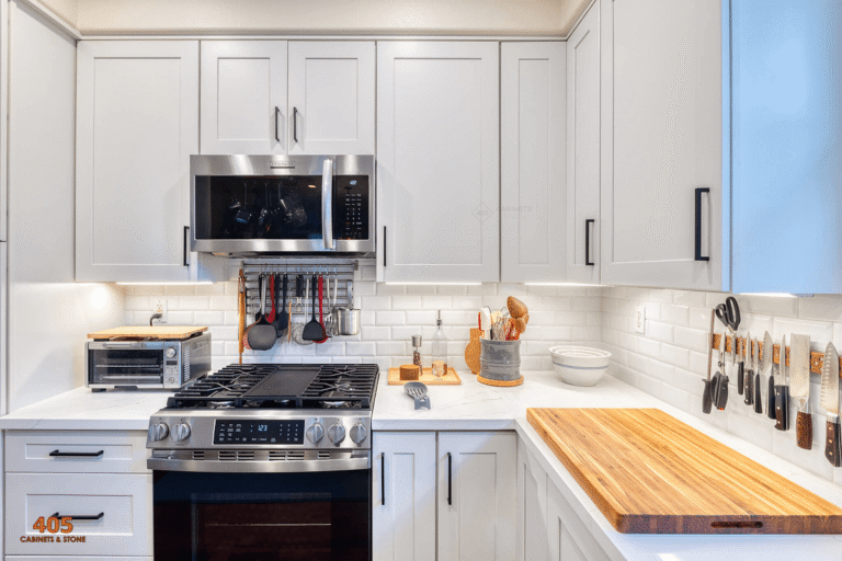 modern white shaker kitchen cabinet design in a small L-shaped kitchen