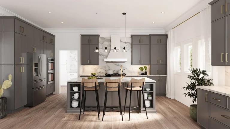 Modern gray RTA kitchen cabinets with brass pulls and a large island—stylish kitchen cabinet upgrades in Canada.