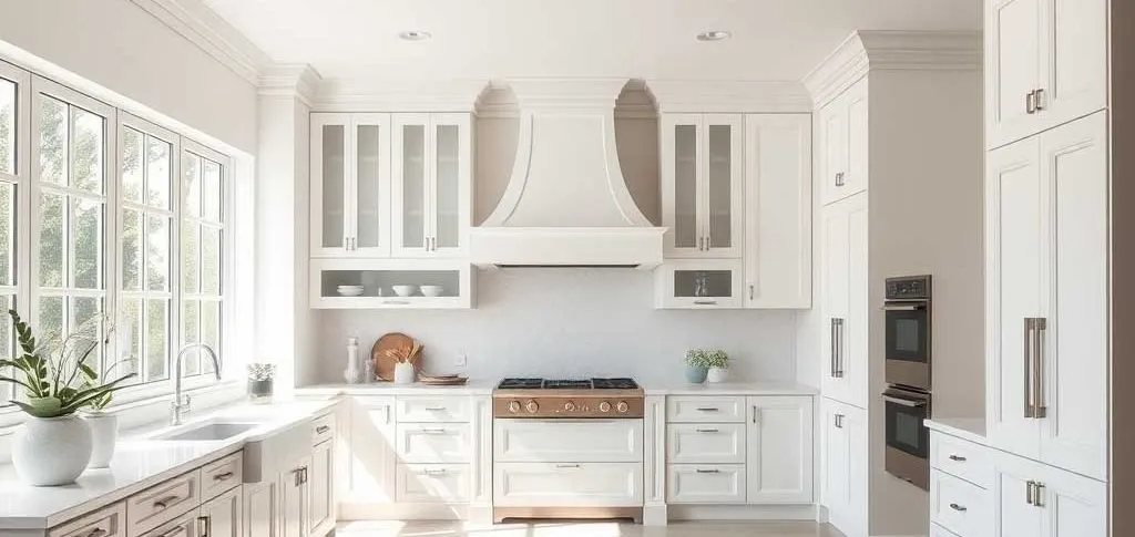 Bright modern kitchen with white shaker cabinetry, tall pantry cabinets, and custom range hood by a trusted kitchen cabinet supplier.