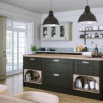 Modern flat pack kitchen cabinets with wood finish in an L-shaped kitchen design