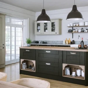 Modern flat pack kitchen cabinets with wood finish in an L-shaped kitchen design