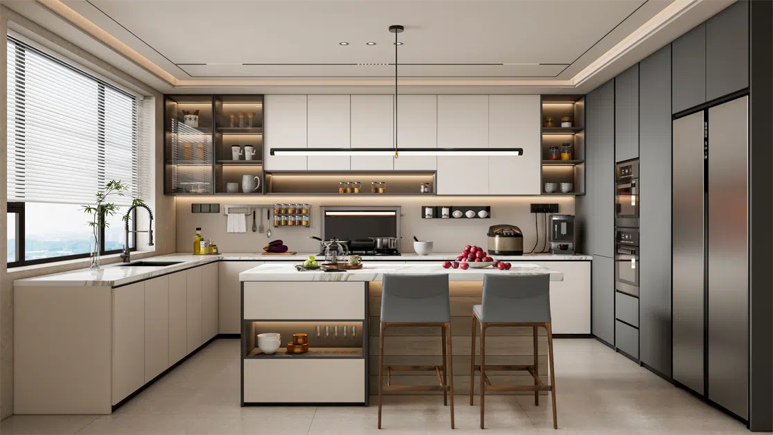 Modern minimalist kitchen with white and gray flat-panel RTA kitchen cabinets and center island