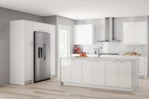 Minimalist Design white flat-panel kitchen cabinets with large island and stainless appliances