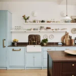 Low Price Kitchen Cabinet Idea – Blue Shaker Cabinets with Open Shelves