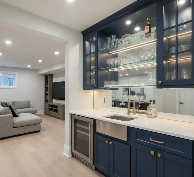 Navy blue shaker cabinets with glass-front uppers and quartz counter—storage inspiration for Bathroom Cabinets.