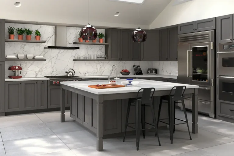 Premium matte black kitchen cabinets with LED-lit open shelving, stone backsplash, and large island