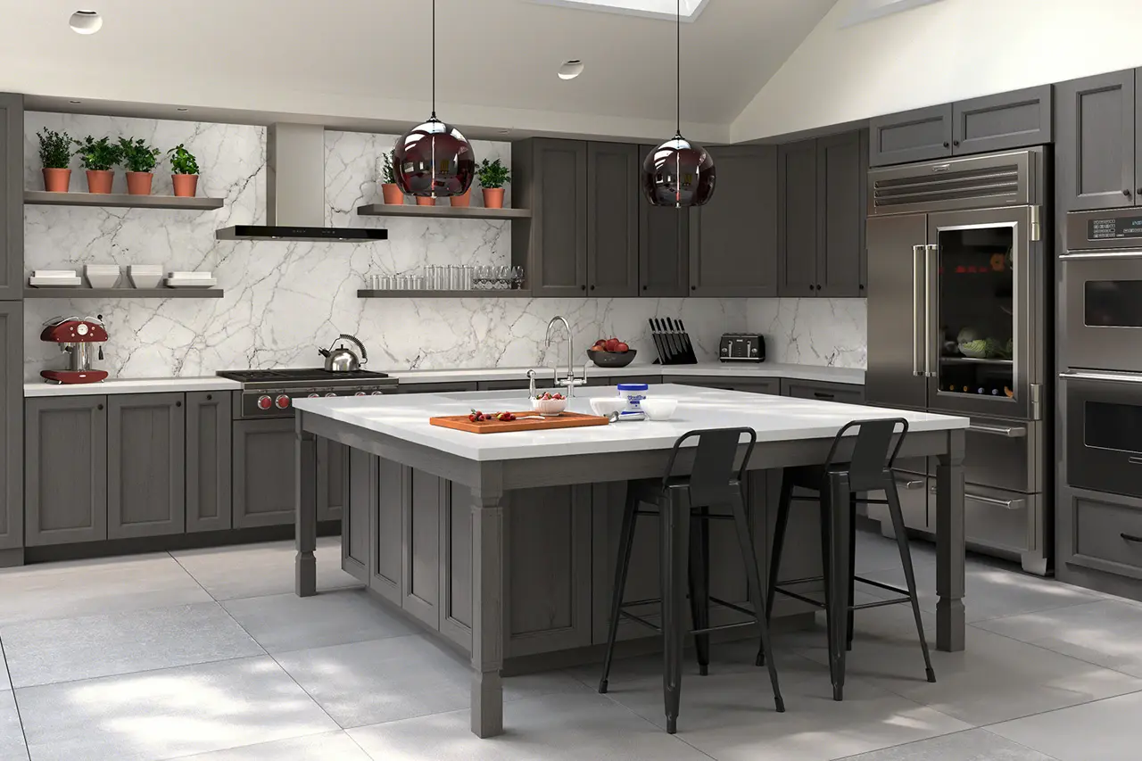 Premium matte black kitchen cabinets with LED-lit open shelving, stone backsplash, and large island