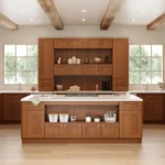 Warm wood kitchen cabinets with a large island, white countertops, and open shelving in a bright modern kitchen.
