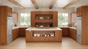 Warm wood kitchen cabinets with a large island, white countertops, and open shelving in a bright modern kitchen.