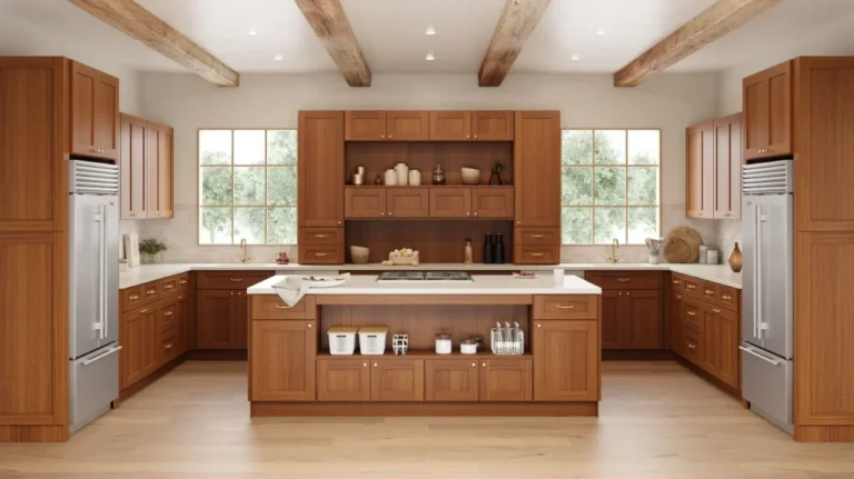 Warm wood kitchen cabinets with a large island, white countertops, and open shelving in a bright modern kitchen.
