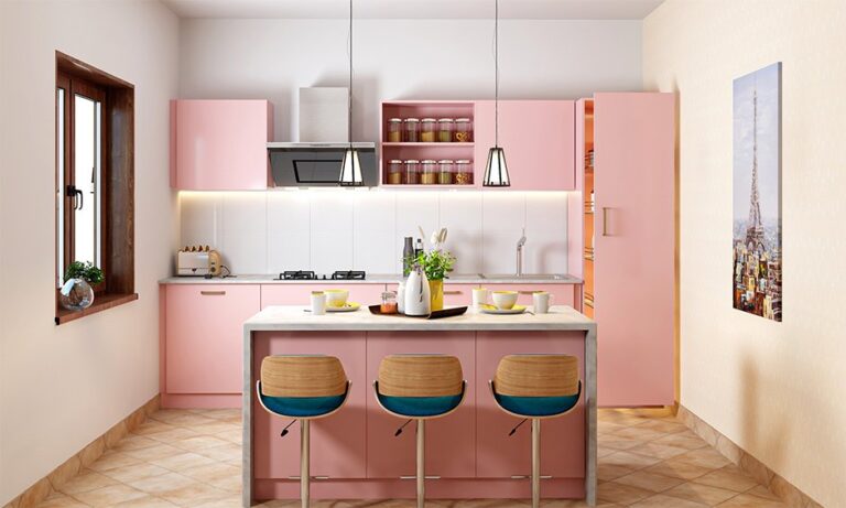 Low price kitchen cabinet set in a modern pink kitchen with island