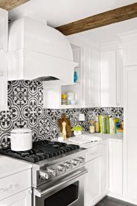 Low price kitchen cabinet design in a bright white traditional U-shaped kitchen with a small island