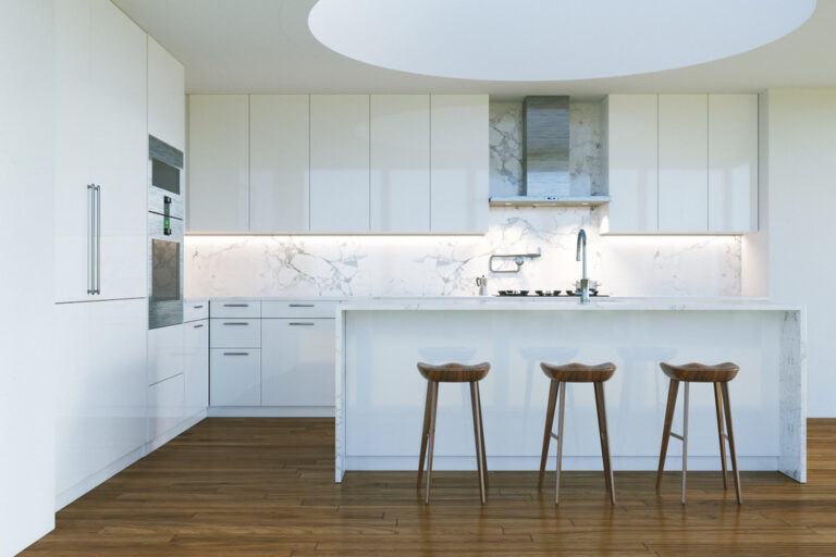 Kitchen Suppliers modern kitchen with custom cabinetry, quartz island, and stainless steel appliances