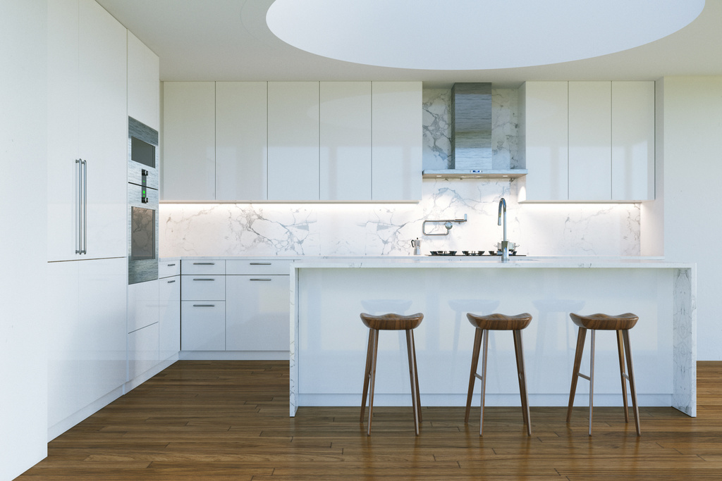 Kitchen Suppliers modern kitchen with custom cabinetry, quartz island, and stainless steel appliances