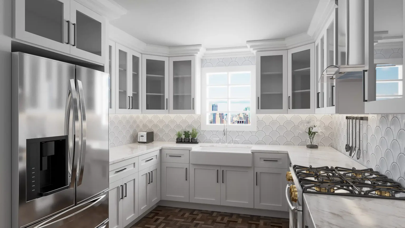 Premade kitchen cabinet set in a bright U-shaped kitchen with gray shaker doors, glass-front uppers, quartz countertops, apron-front sink, and stainless steel appliances.