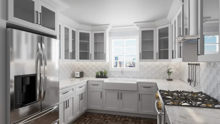 Premade kitchen cabinet set in a bright U-shaped kitchen with gray shaker doors, glass-front uppers, quartz countertops, apron-front sink, and stainless steel appliances.