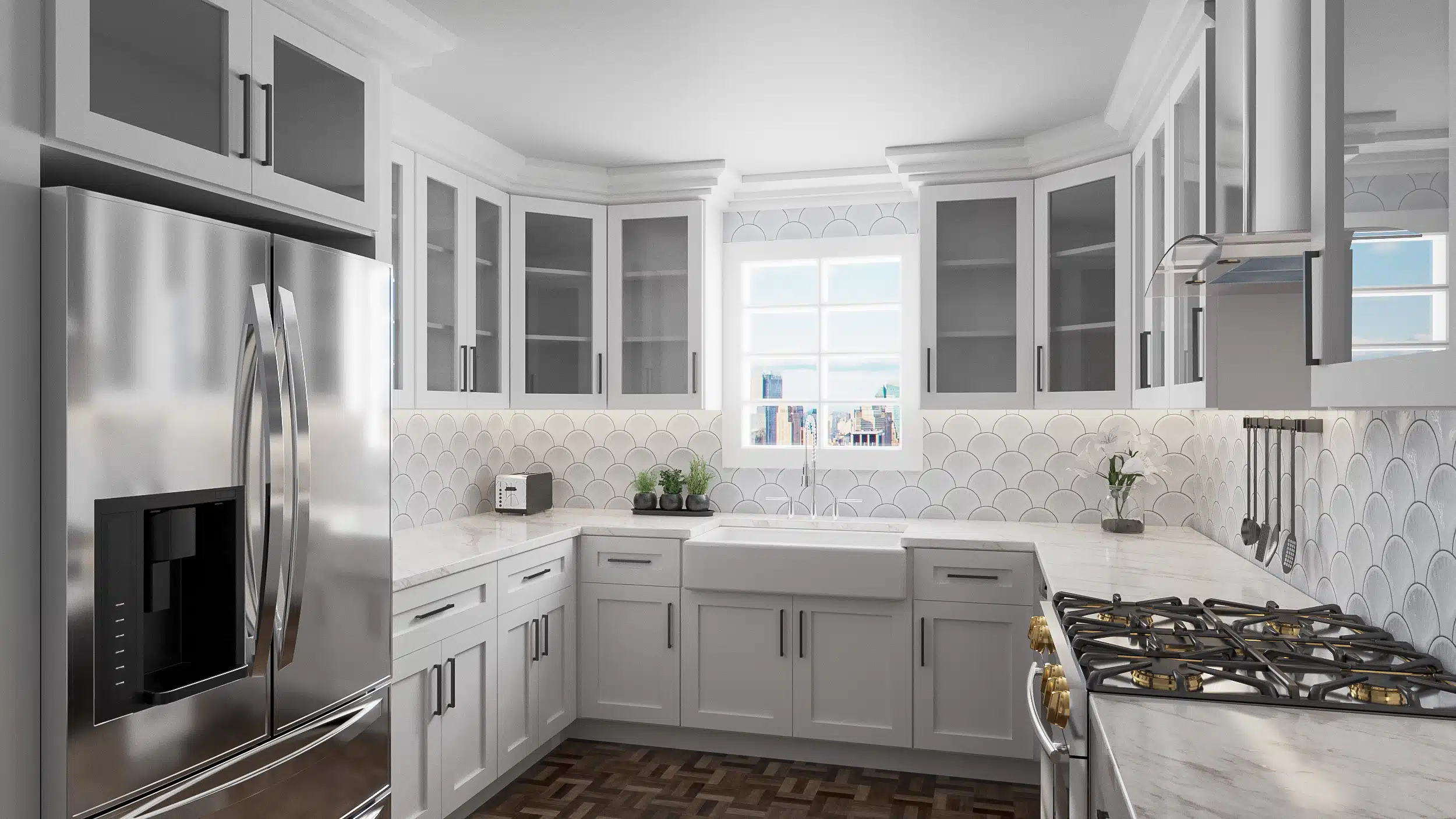 Premade kitchen cabinet set in a bright U-shaped kitchen with gray shaker doors, glass-front uppers, quartz countertops, apron-front sink, and stainless steel appliances.
