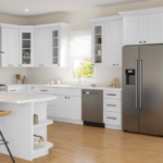 Modern white shaker premade kitchen cabinet layout with an L-shaped design, peninsula seating, quartz-style countertops, and stainless steel appliances in a bright contemporary kitchen.
