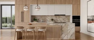 odern minimalist kitchen with light oak and white cabinetry, marble waterfall island — RTA kitchen cabinets Ontario