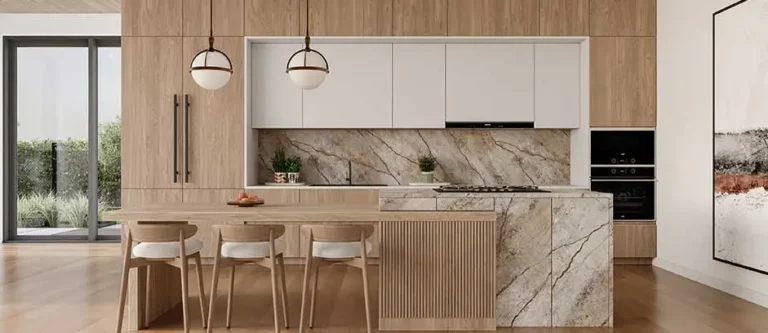 odern minimalist kitchen with light oak and white cabinetry, marble waterfall island — RTA kitchen cabinets Ontario