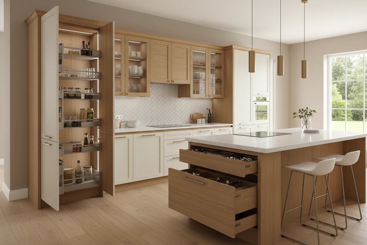 Modern kitchen cabinets in a two-tone white and light oak design with glass-front uppers, pull-out pantry storage, and a large island with deep drawers.